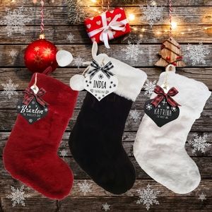 Faux Fur Christmas Stocking with Wood Gift Tag
